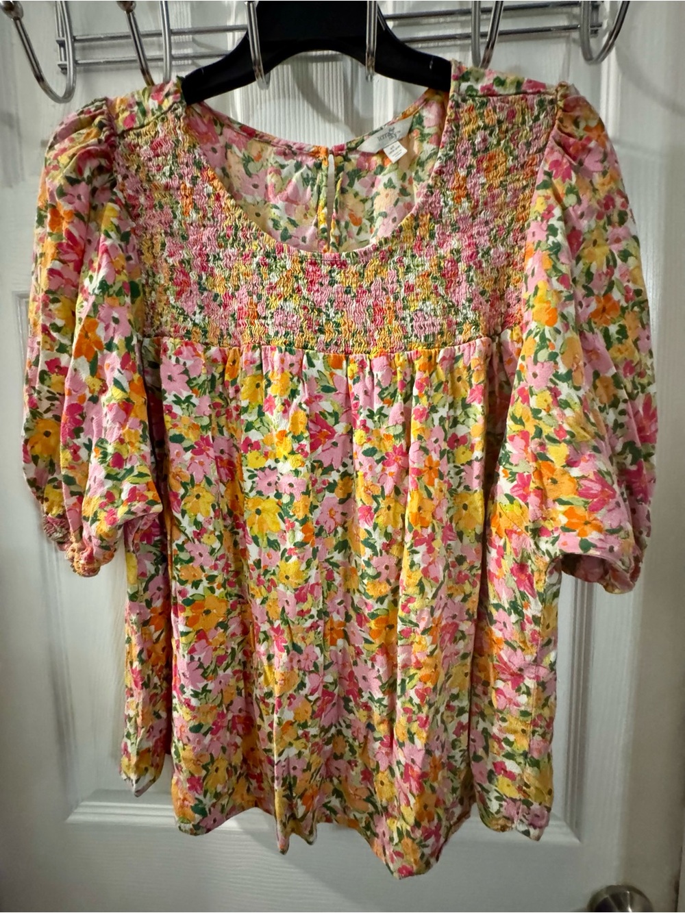 Terra & Sky Pink and Yellow Floral Smocked Puff-Sleeve Blouse